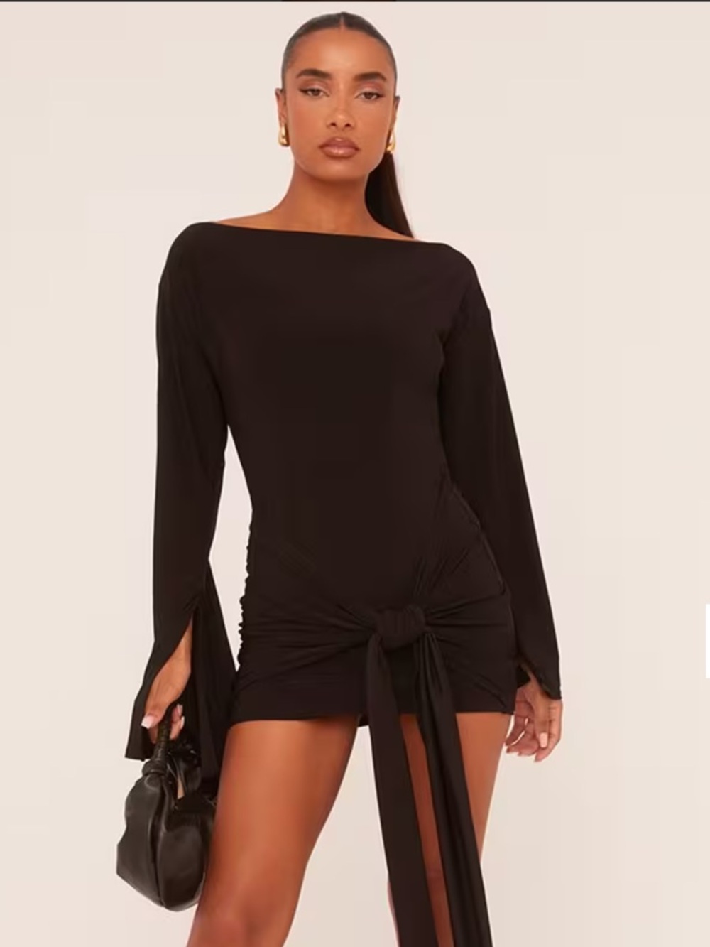 Long Flared Sleeve Drape Detail Mini Bodycon Dress In Black Slinky